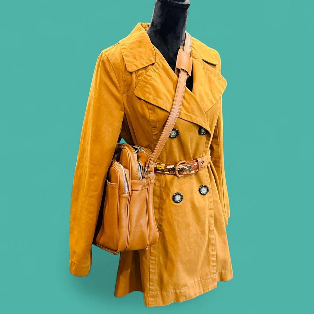 Retro 70s Indie Preppy Caramel Camel Double Breast Trench Coat Small
